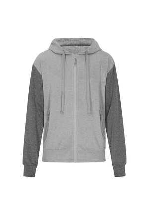 Harmaa vetoketjuhuppari, jossa on vaaleanharmaa vartalo ja tummanharmaat hihat. Varustettu säädettävällä hupulla ja kahdella sivutaskulla. Pehmeä kangas.