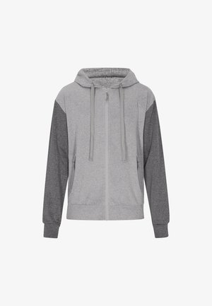 Gray zip-up hoodie with a light gray body and dark gray sleeves. Features a drawstring hood and two side pockets. Soft fabric texture.