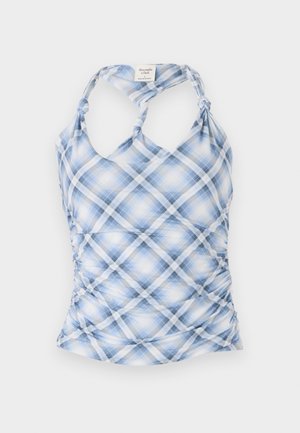 Blau-weißer kariierter Tanktop mit Halterneck, gerafften Seiten und geknoteten Trägern. Hergestellt aus leichtem, strukturiertem Stoff.