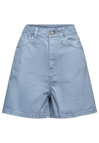 Lichtblauwe denim shorts met een hoge taille, voorzakken en een knoopsluiting. Gladde textuur met zichtbare stiksel details.