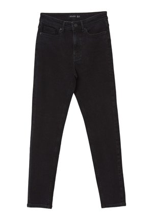 Jeans in denim nero con vestibilità slim, design standard a cinque tasche e chiusura con bottone. Il tessuto ha una superficie liscia e una leggera sbiaditura.