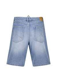 Denim shorts with a light blue wash, featuring two back pockets, stitched detailing, and a smooth texture. Includes a rear leather tag.