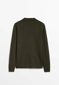 Maglione lavorato a maglia verde oliva con maniche lunghe, colletto alto e una texture liscia. Presenta un design semplice e privo di decorazioni.