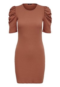 Robe à manches courtes de couleur rouille avec une silhouette ajustée, dotée de manches bouffantes et d'une texture côtelée lisse sur toute la surface.