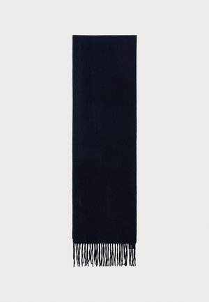 Navy blue scarf made of soft fabric, featuring a rectangular shape and fringed edges. Smooth texture with no visible patterns.
