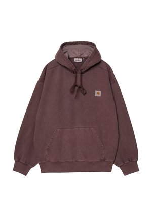 Felpa in cotone viola con tasca a marsupio frontale, cappuccio con cordino e patch del logo Carhartt sul lato sinistro del petto. Texture morbida e spazzolata.