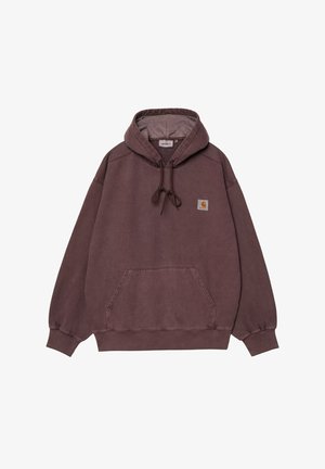 Sudadera de algodón morada con bolsillo frontal tipo pouch, capucha con cordones y parche del logo de Carhartt en el lado izquierdo del pecho. Textura suave y cepillada.