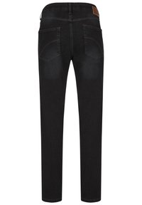 Schwarze Jeans aus Denim mit schmaler Passform, ausgestattet mit Gesäßtaschen mit geschwungenen Nähten und einem braunen Lederpatch am Bund. Angenehme, glatte Textur.