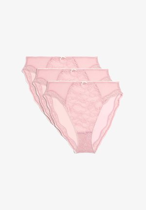 Vier Paare pinkfarbener Spitzenunterwäsche mit floralem Muster, elastischem Bund und gewellten Kanten sowie kleinen Schleifchen vorne.