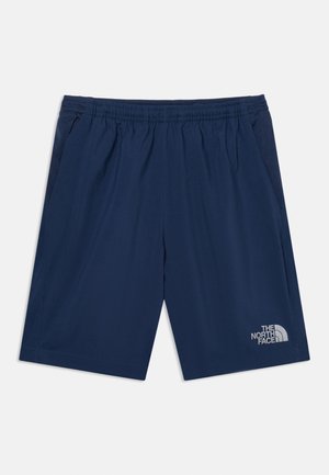 Temno modre športne kratke hlače z elastičnim pasom, stranskimi žepi in logotipom The North Face na spodnjem desnem teletu.