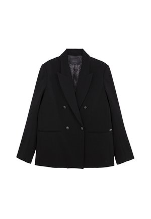 Blazer negro de doble botonadura con solapas anchas, cuatro botones, dos bolsillos frontales y forro interior estampado, colocado sobre un fondo blanco.