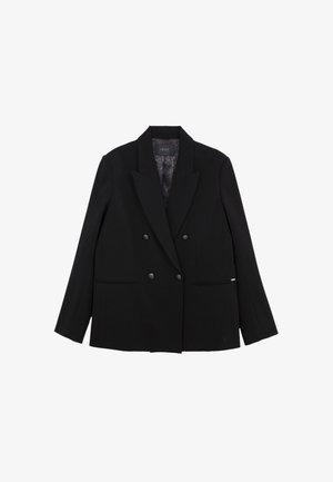 Blazer noir croisé avec larges revers, quatre boutons, deux poches avant et doublure intérieure à motifs, posé à plat sur un fond blanc.