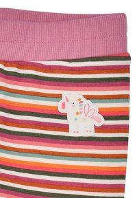 Multicolored striped leggings featuring a pink waistband. A white unicorn applique with colorful accents and a detailed pattern is present.