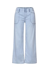 Pantalons larges bleu clair avec une taille élastique, deux poches avant et une texture en denim lisse. Pas de fermetures ni de décorations visibles.