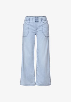 Vaaleansiniset leveät housut, joissa on joustava vyötärö, kaksi etutaskua ja sileä farkkumaista tekstuuria. Ei näkyviä kiinnityksiä tai koristeluja.