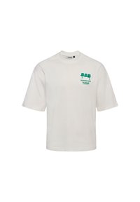 White cotton t-shirt with a relaxed fit, short sleeves, round neckline, and green graphic print on the chest.