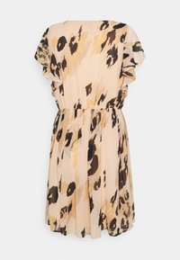 Vestido con estampado de leopardo, mangas con volantes, cintura elástica, tela suave y tonos beige, marrón y amarillo, con una silueta suelta en línea A.