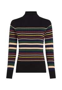 Gerippter Rollkragenpullover mit horizontalen Streifen in Schwarz, Grün, Blau, Gelb und Rot. Dehnbare Stoffqualität mit körpernaher Passform.