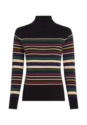 Gerippter Rollkragenpullover mit horizontalen Streifen in Schwarz, Grün, Blau, Gelb und Rot. Dehnbare Stoffqualität mit körpernaher Passform.