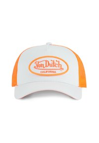 Casquette blanche avec des côtés en mesh orange, arborant un logo orange brodé qui indique "Von Dutch California" à l'avant. Forme de visière standard.