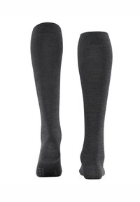 Tmavě šedé podkolenky z texturované pleteniny. Hladký povrch, zesílený špička a žebrovaný lem. Flexibilní střih pro pohodlí.