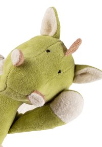 Green plush toy resembling a dragon with beige accents, soft texture, rounded shapes, small ears, and tiny stitch details for eyes and mouth.