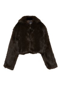Tmavě hnědá umělá kožešinová zkrácená bunda s dlouhými rukávy a širokým límcem, položená na bílém pozadí.