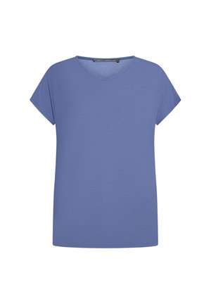 Damesblouse met korte mouwen in effen blauw met V-hals, een losse pasvorm en een subtiele textuur, weergegeven tegen een effen witte achtergrond.