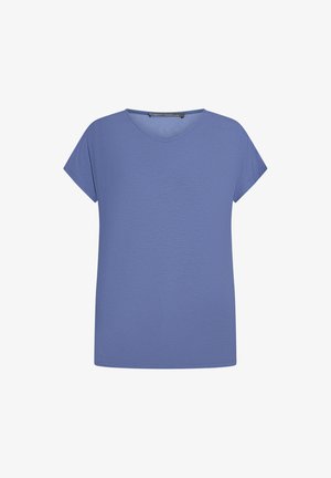 Blouse pour femmes à manches courtes, de couleur bleue unie avec un col en V, coupe décontractée et texture subtile, présentée sur un fond blanc uni.