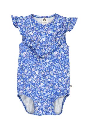 Blå babyheldragt med pink og hvidt blomsterprint, flæseærmer og trykknapper i skridtet for nem bleudskiftning.