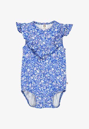 Tutina azzurra per bambini con motivo floreale rosa e bianco, maniche arricciate e bottoni a pressione nell'area del cavallo per facilitare il cambio del pannolino.