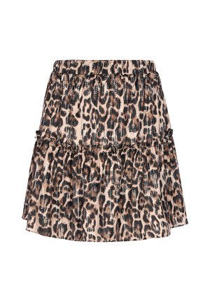 Bruine en beige luipaardprint rok met gelaagd volantontwerp en elastische tailleband, met subtiele verticale stipaccenten.