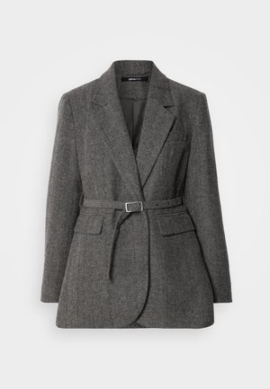 Gray houndstooth blazer with a belt, featuring a notched collar, two front pockets, and a tailored fit. Textured fabric enhances visual depth.