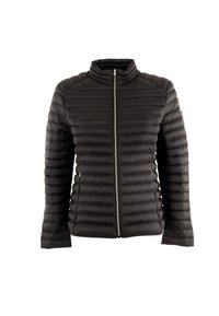Giacca a vento nera con collo alto, pattern trapuntato e chiusura con zip. Presenta maniche lunghe e tasche laterali. Tessuto liscio e leggero.