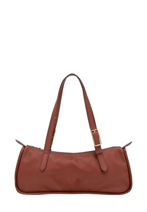 Brown leather handbag with a rectangular shape, slim design, and dual straps. Features gold-tone hardware and embossed branding.