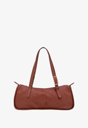 Brown leather handbag with a rectangular shape, slim design, and dual straps. Features gold-tone hardware and embossed branding.