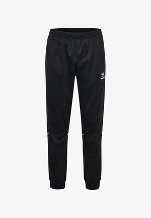 Schwarze Sporthose mit elastischem Bund, zulaufenden Beinen, gerippten Bündchen und kleinem weißem Logo am rechten Oberschenkel.