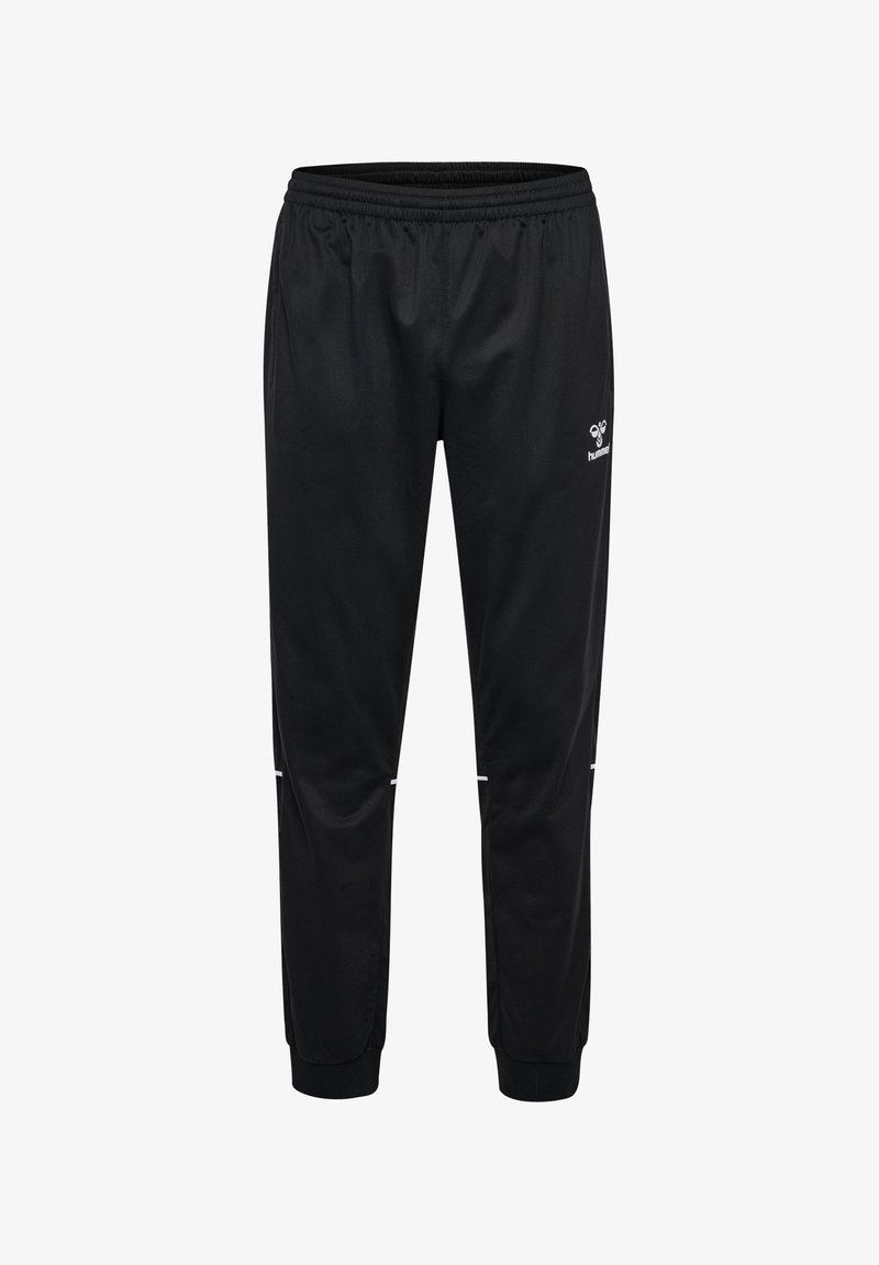 Schwarze Sporthose mit elastischem Bund, zulaufenden Beinen, gerippten Bündchen und kleinem weißem Logo am rechten Oberschenkel.