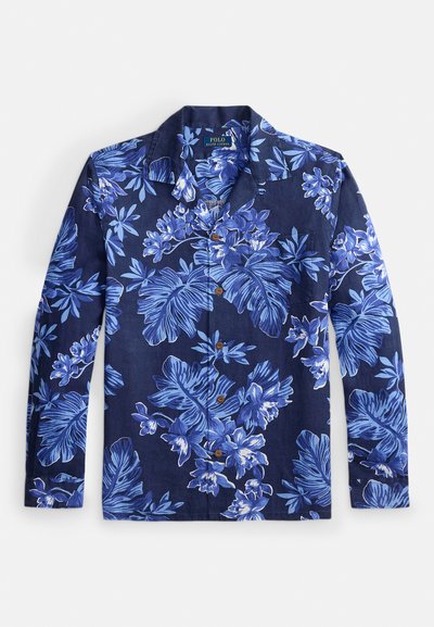 Lange mouwen navyblauw shirt met blauw-wit bloemen- en bladerenprint, bruine knopen en een kraag.