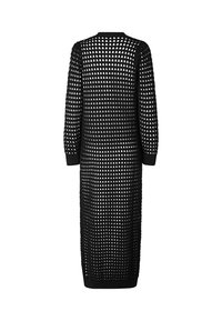 Cardigan lungo nero con un motivo a maglia triangolare a griglia, maniche lunghe e scollatura arrotondata.