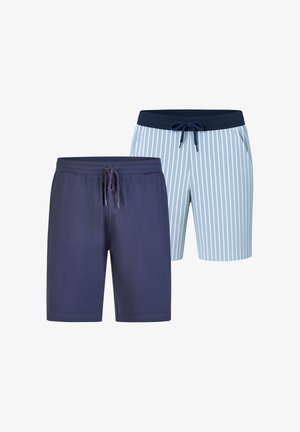 Marineblaue und hellblaue gestreifte Shorts, mit elastischem Bund und Kordelzug. Weicher Stoff, knielange Gestaltung mit bequemer Passform.