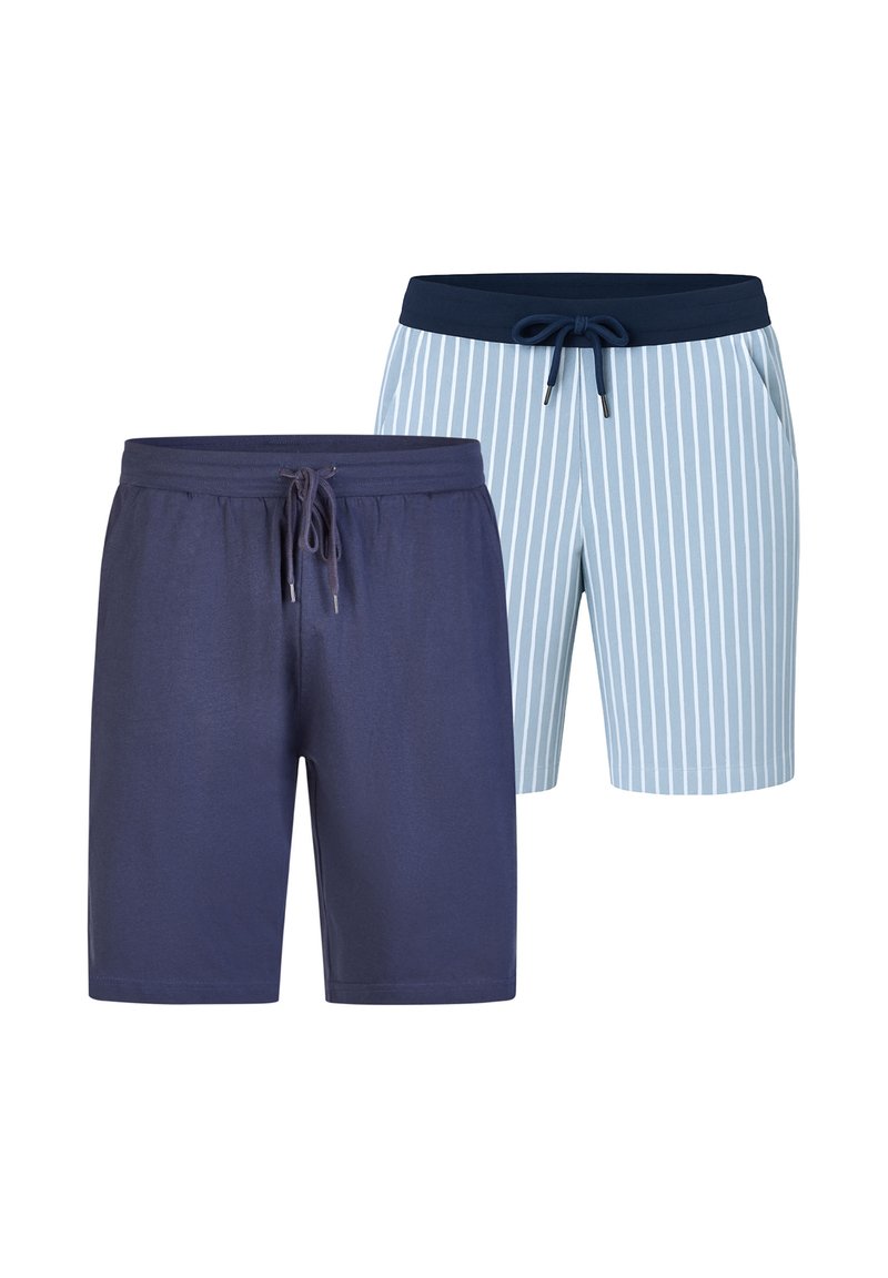 Pantalones cortos a rayas en azul marino y azul claro, con una cintura elástica y cordón. Tejido suave, diseño de longitud a la rodilla con un ajuste cómodo.