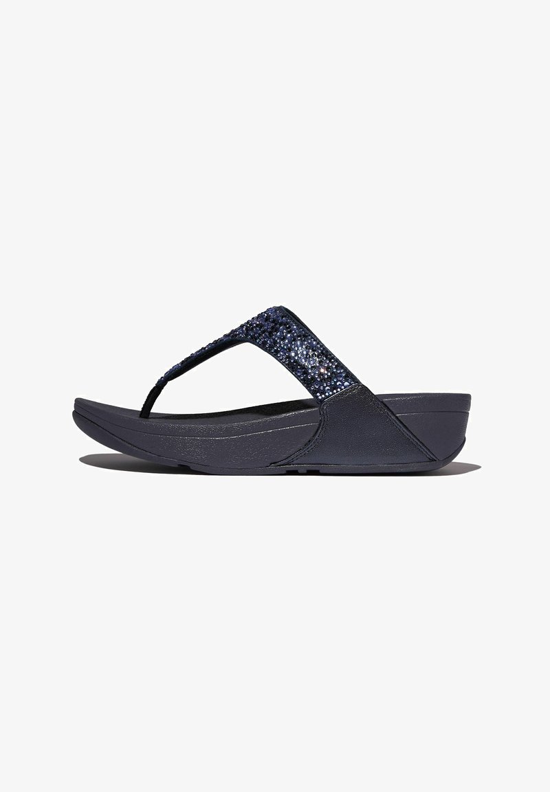 Flip-flop sandaal met een marineblauwe glitterband, gekarteld zwart voetbed en een gecentreerde grijze buitenzool. Heeft een ronde neus en een modern ontwerp.