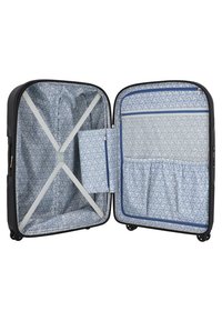 Valigia rigida nera con un interno a motivo blu. Presenta cinghie elastiche, una tasca con zip e un compartimento separato per l'organizzazione.