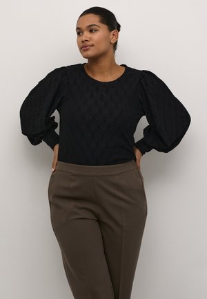 Black textured blouse with puffed sleeves, round neckline, paired with high-waisted brown trousers. Simple, elegant design with subtle patterns.