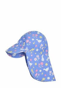 Pălărie de soare albastră cu imprimeu floral și animal. Are o margine largă și o clapetă pentru protecția gâtului împotriva soarelui. Fabricată dintr-un material ușor și rezistent la apă.