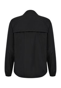 Schwarze leichte Jacke mit glatter Textur, elastischen Bündchen, einem dezenten Rückenschlitz und einem lässigen Schnitt.
