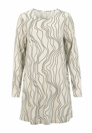 Beige Langarm-Tunika mit einem Muster aus schwarzen gewellten vertikalen Linien und einem runden Ausschnitt.