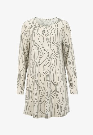 Långärmad beige tunika med svarta vågiga vertikala linjer och rund halsringning.