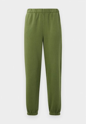 Gröna elastiska joggingbyxor med en slät textur, avsmalnande ben och samlade ärmkanter vid anklarna. Enkla och funktionella i designen.